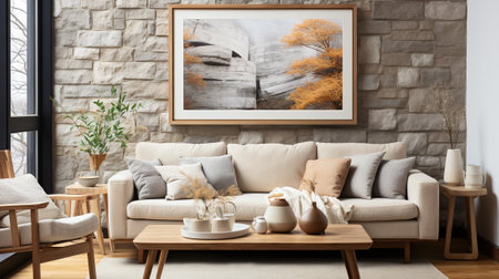 Modern Comfort: Stylish Living Room with Light Grey Sofa and Natural Stone Accents, Generative AIの素材