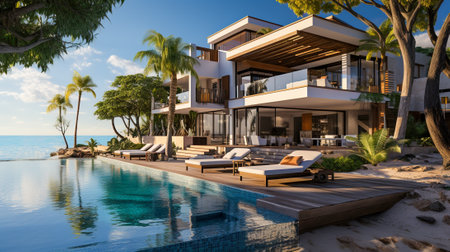 Embrace the Beauty and Elegance of a Modern Large Beach Villa With a Pool, Generative AIの素材
