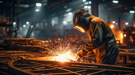 Sparks of Expertise: A Skilled Worker Welding in a Factory with Protective Gear, Generative AIの素材