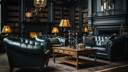 Elegance and Comfort Combined: Luxurious Living Room with Stylish Dark Interior, Generative AIの素材