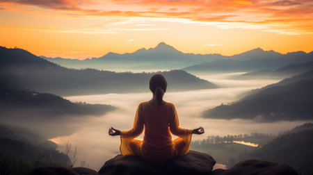 Connecting with Nature: Woman Practices Mountain Yoga for Renewal and Well-being, Generative AIの素材