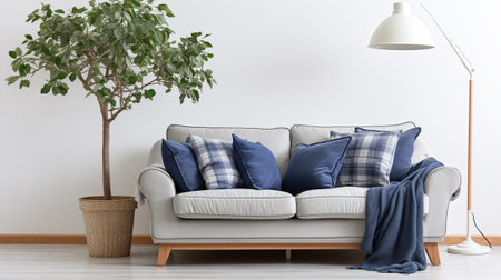 Neutral Tones and Botanical Touch: A Serene Living Room with a Gray Sofa and White Wall, Generative AIの素材