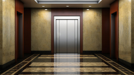Sleek and Contemporary: the Closed Doors of a Modern Elevator in a Building Lobby, Generative AIの素材