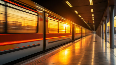 Speed and Efficiency: A Fast Train Passing Through a Modern Train Station, Generative AIの素材