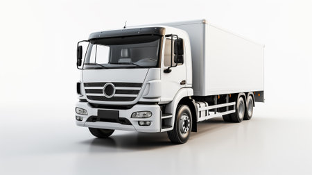 Delivering with Confidence: 3D Modern Cargo Delivery Truck on a White Background, Generative AIの素材