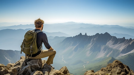 At the Pinnacle of Serenity: A Hikers Sitting at the Summit with a Breathtaking View, Generative AIの素材