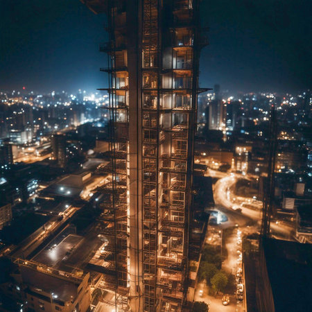 Building the Skyline: High Rise Construction Site at Night, Urban Development in Progress, Generative AIの素材