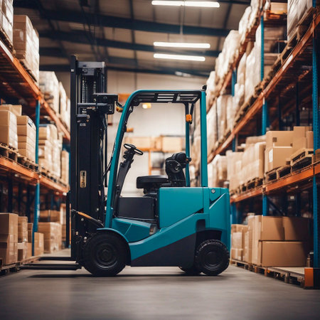 Enhancing Supply Chain Efficiency: Modern Forklift in Large Clean Warehouse, Generative AIの素材