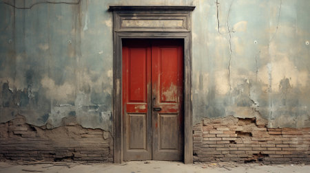 Captivating Patina: An Old Wood Door on a Peeling Wall with Exposed Brick, Generative AIの素材