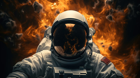 Braving the Unknown: Astronaut in Space with Explosion, Rocks and smoke Behind Him, Generative AIの素材