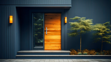 Sleek and Stylish Wood Door, The Contemporary Charm of a Modern House Entrance, Generative AIの素材