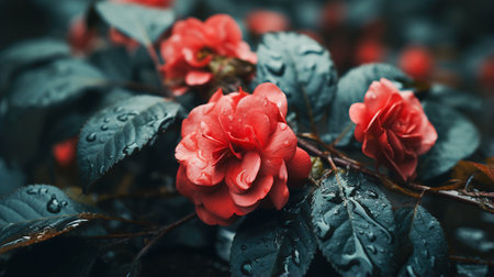 Blossoming in Rain's Embrace, Red Flowers and Fresh Green Leaves, Generative AIの素材