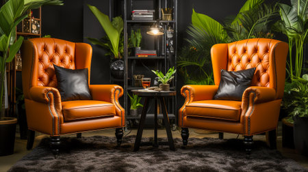 Interview Excellence, Stylish Chairs Set the Stage in a Modern Studio with Plants, Generative AIの素材
