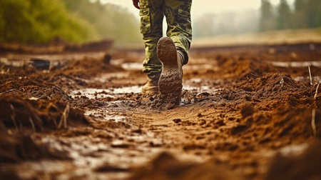 Marching Through Challenges, Army Boot Stepping in the Dirt, Generative AIの素材