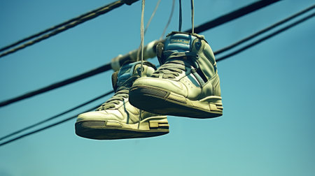Urban Expression, Sneakers Hanging on a Telephone Wire Against the Blue Sky, Generative AIの素材