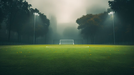 Foggy Soccer Field, An Empty Green Soccer Field Enshrouded in Fog and Light, Generative AIの素材