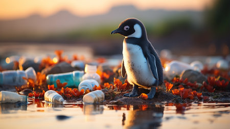 Environmental Crisis, Cute Penguin and Garbage Pollution on the Beach, Generative AIの素材