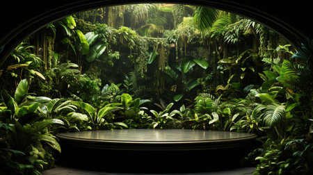 Exotic Product Showcase, An Empty Round Podium Amidst Lush Jungle Greenery, Generative AIの素材