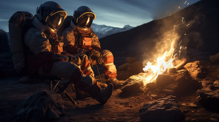 Cosmic Bonfire, Astronauts Near Campfire on Mars, a Surreal Scene on the Red Planet, Generative AIの素材