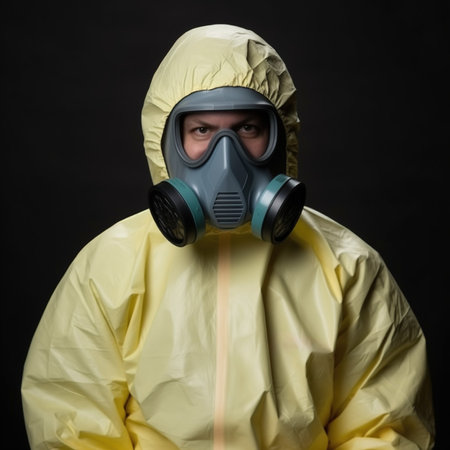 Surviving the Unthinkable: A Portrait of a Man in Biohazard Suit and Gas Mask, Generative AIの素材