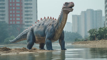 Surreal Disaster: Dinosaur Monster Emerging from Ocean Waters in Modern City, Generative AIの素材