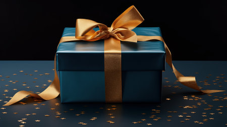 Elegant Gift Presentation: Gold Satin Ribbon Gift Box with Glitter on a Dark Background, Generative AIの素材