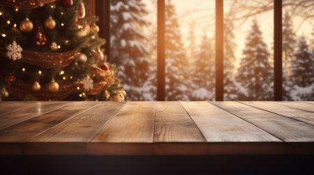Christmas Magic, Wood Table Product Display Surface with Christmas Tree Background, Generative AIの素材