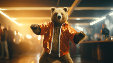Bear Boogie, a Bear in a Gold Jacket Dances with Joy in the Pub, Happy Party Animal, Generative AIの素材