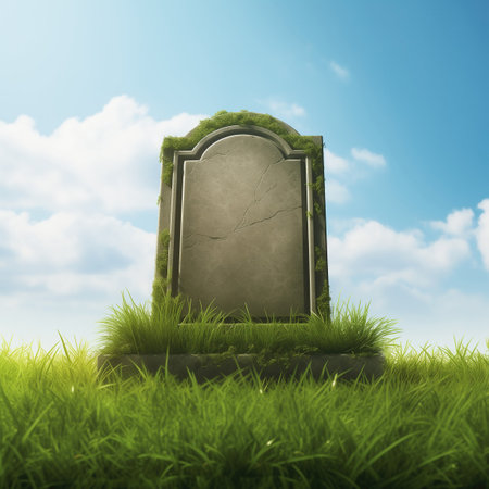 Eternal Rest, Blank Tombstone in a Cemetery Amidst Green Grass and Blue Sky, Generative AIの素材