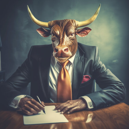 Corporate Authority, Bull Boss in a Suit Demonstrates Leadership, Writing at the Desk, Generative AIの素材