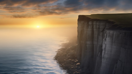 Cliffside Horizon, Sunset at the Edge of the World with a Vast Ocean View, Generative AIの素材