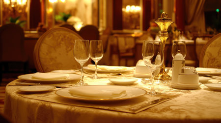 Experience Fine Dining, Indulge in Eatery at a Lavishly Set Table of an Upscale Restaurant, Generative AIの素材
