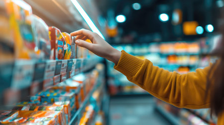 Supermarket Shopping, A Woman Hand Reaching for Products in a Grocery Store, Generative AIの素材