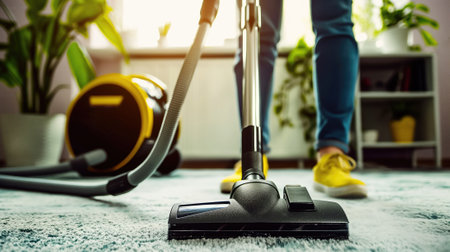 Person Cleaning Carpet with a Vacuum Cleaner, Vacuuming for a Spotless Home, Generative AIの素材