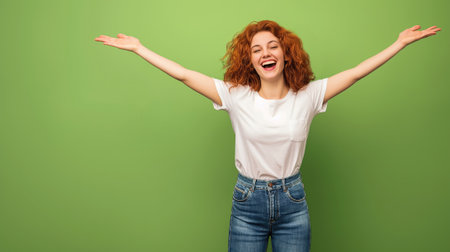 Unleashing Joy, Happy Young Woman Celebrates Her Achievement Raising Her Hands Up, Generative AIの素材
