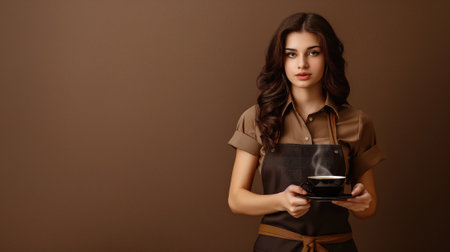 Coffee with a Smile, Young Woman Barista Serves the Perfect Hot Cup of Coffee, Generative AIの素材