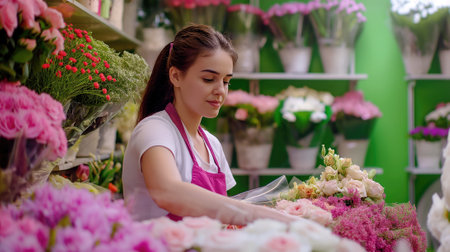 Blooming Business, Petals and Passion, Woman Florist Working in the Flower Shop, Generative AIの素材
