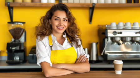 Coffee and Joy, Smiling Female Barista in a Coffee Shop Serving a Hot Cup of Coffee, Generative AIの素材