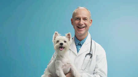 Furry Patients, A Wagging Tail and a Happy Vet, Skilled Veterinarian Holding a Cute Dog, Generative AIの素材
