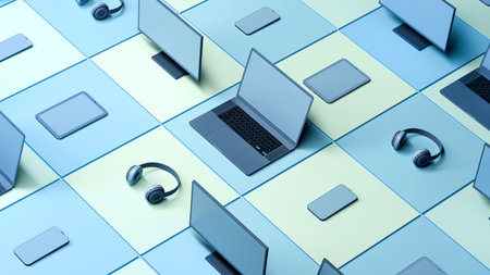 Boost Your Tech Game, Laptop, Phone, Tablet, Monitor, and Headphones on Blocks Background, 3D render