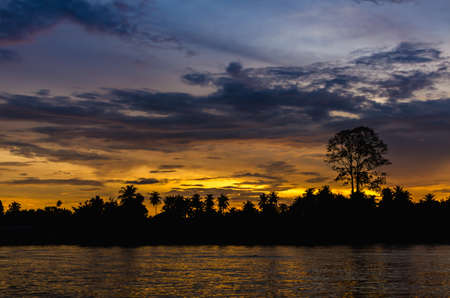 Silhouette of rural landscape at twilight in Thailand. Suitable for use as wallpapers.の写真素材