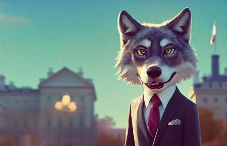 3D rendered computer generated image of a cartoon animated wolf on Wall Street. Wolf wearing...