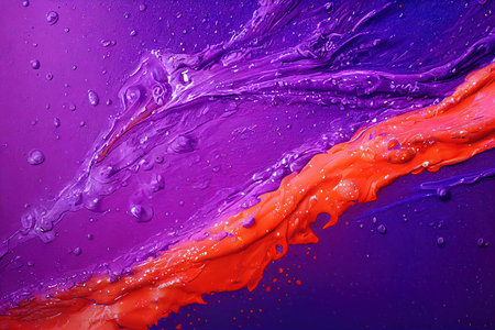 3D rendered computer generated abstract image of purple and orange oil paint splatters. Chaotic and messy, colorful, bright, and vibrant wallpaper backgroundの写真素材