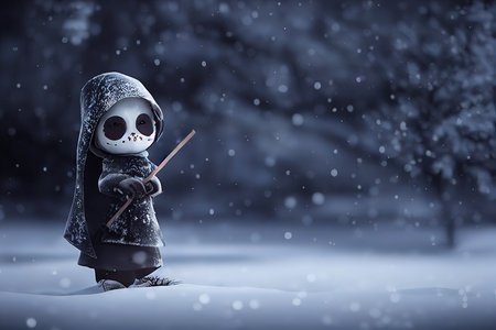 3D rendered computer generated image of a grim reaper in the winter snow. Natural snowy landscape with 3D character using modern animation style to look like photorealism.の写真素材