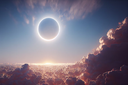 3D rendered computer generated image of heaven. Heavenly light above the clouds shows majestic and epic sky landscape inhabited by God and His angels (not pictured)の写真素材