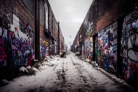 3D rendered computer-generated image of an urban alleyway in the winter. All-digital art, including...