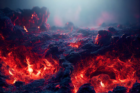 3D rendered computer generated image of Christian hell. A hellish landscape with hellfire and...