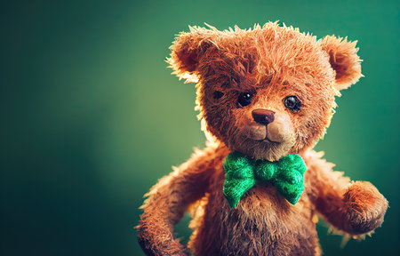 3D rendered computer generated image of a cuddly Leprechaun teddy bear. Adorable kawaii stuffed animal with soft, plus fur and green leprechaun outfit to celebrate St Patrick's Dayの写真素材