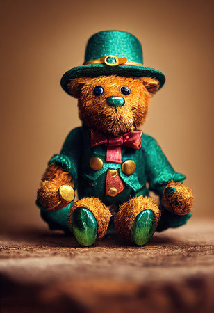 3D rendered computer generated image of a cuddly Leprechaun teddy bear. Adorable kawaii stuffed animal with soft, plus fur and green leprechaun outfit to celebrate St Patrick's Dayの写真素材