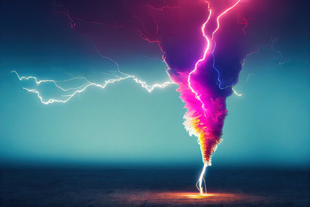 3D rendered computer generated image of a colorful electrical storm. Tornado vortex with bright electricity lightning storm background wallpaperの写真素材